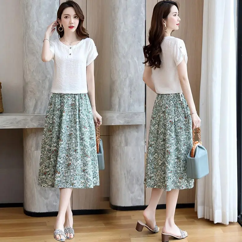 

Two Piece Sets Women 2022 Summer Floral Print Skirts and Short Sleeve White Tops 2pcs Set Female Korean Casual Skirt Suit E52