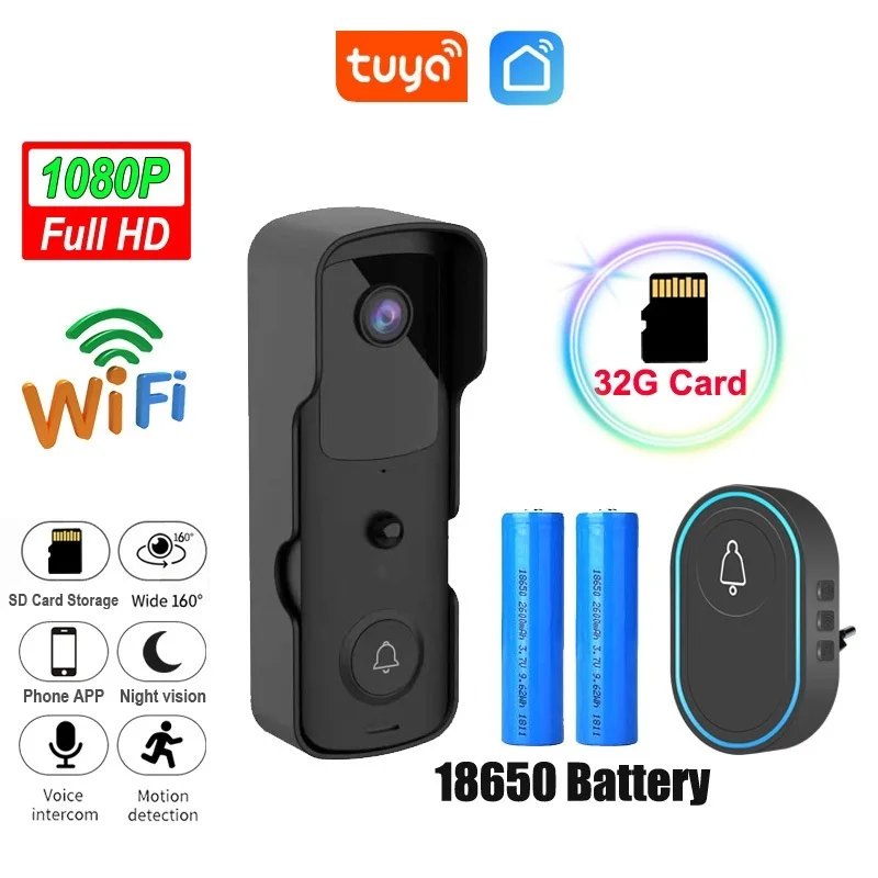 2022 Video Doorbell Camera WiFi TuyaSmart 1080P HD Security Camera APP Intercom Night Vision Rechargeable Battery Wireless Bell