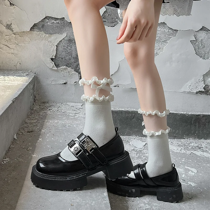 

Lolita Lace Girls Medium Ins Fashion Japanese Black and White Personality Bow Net Yarn Lace Pure Desire Pile Socks