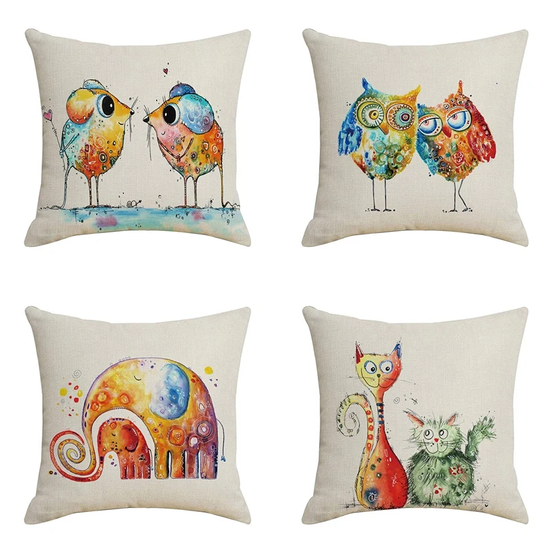 

Set Of 4 Watercolor Cartoon Animals Pillowcases Linen Cushion Covers Decor Sofa Car 45 X 45Cm Square Throw Pillow Covers