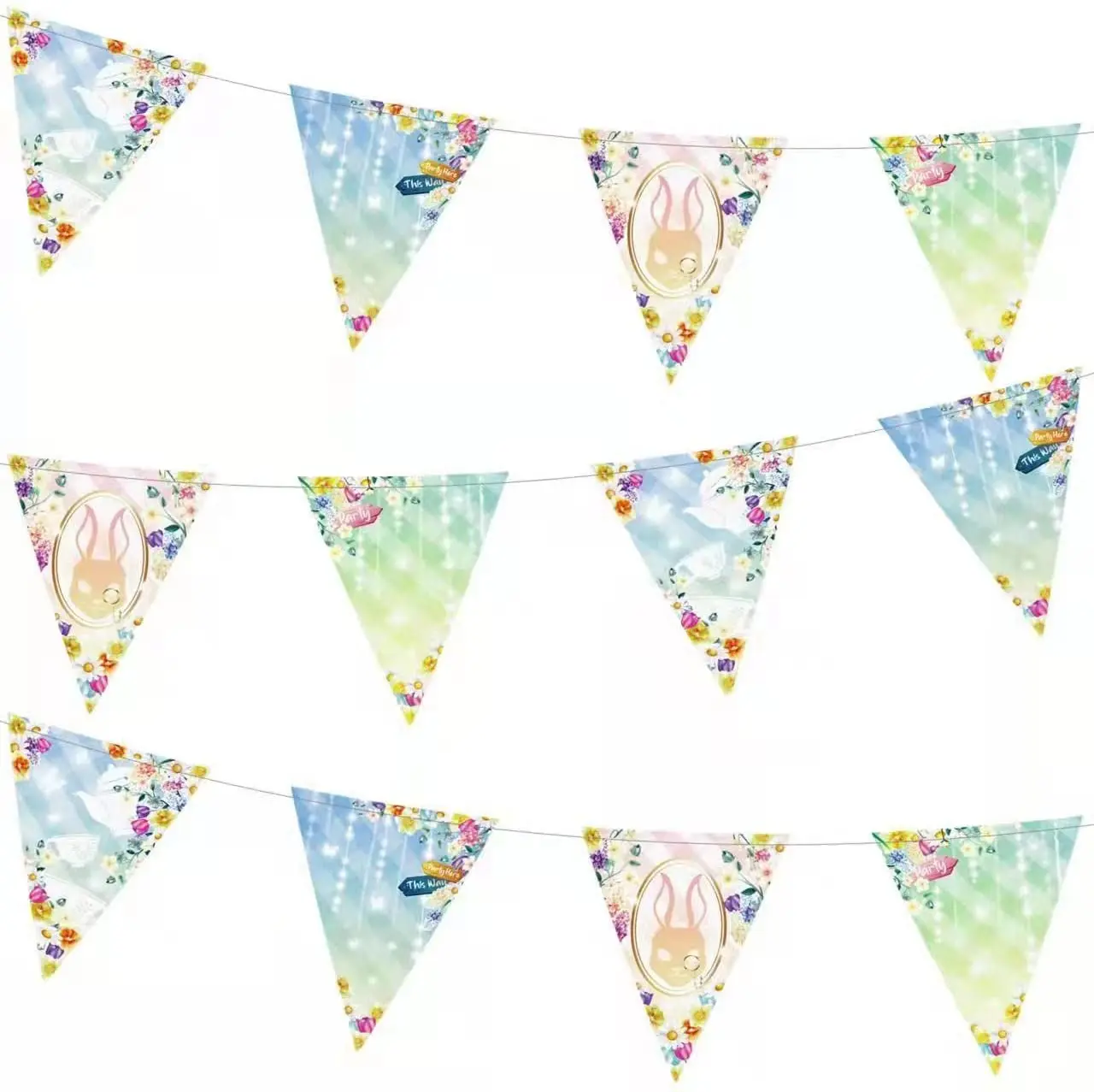 

14Ft Tea Party Sign Floral Flag Banner Paper Triangle Flower Bunny Print Garland Spring Easter Birthday Party Hanging Decoration
