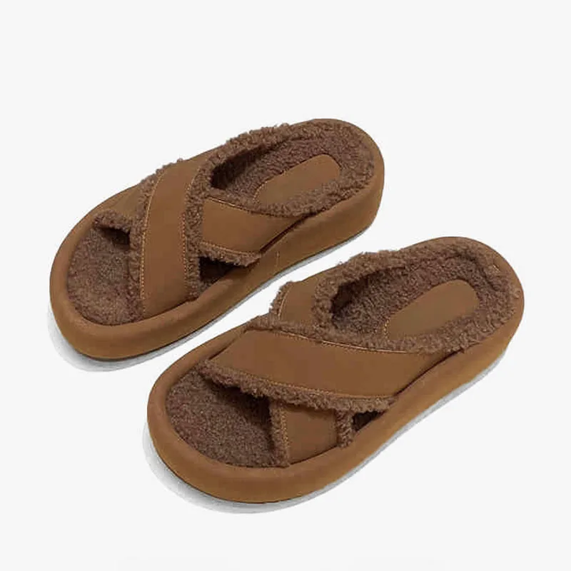 TRAF зимние женские тапочки на плоской подошве Khaqi сандалии с открытым носком и