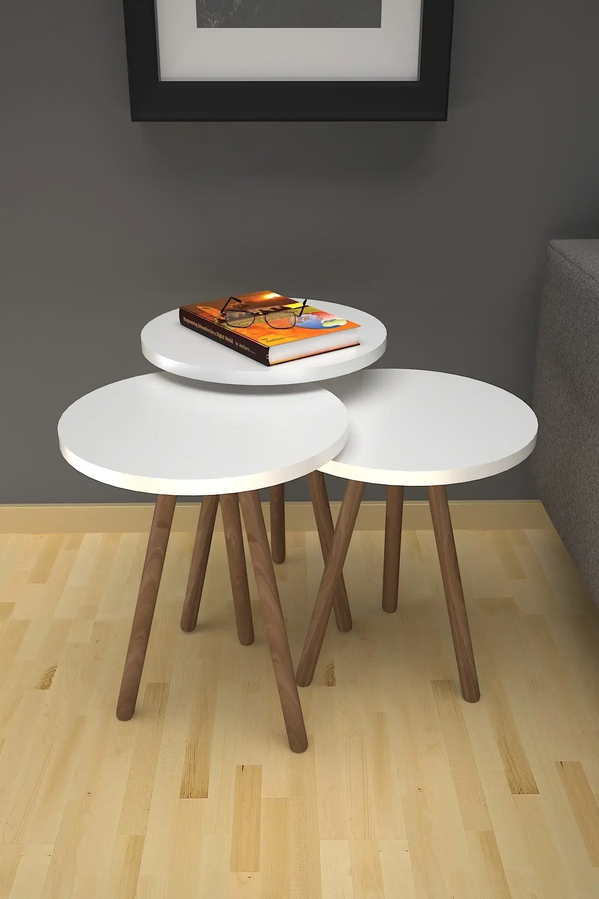 

3 piece Zigon Coffee Table Wood Pedestal White Round