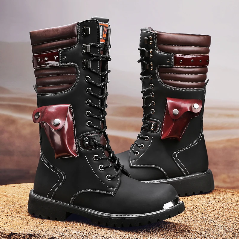 Men Black Motorcycle Cowboy Boots Mid Calf Lace-Up High Top knight Tooling Boots 2022 New Winter Street  Outdoor Military Shoes