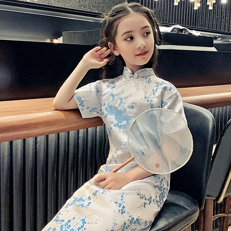 

Flower Hand Button Elegant Cheongsam Children Qipao Chinese Traditional Prom Party Dress Vestidso Girl Mandarin Collar Vestidso