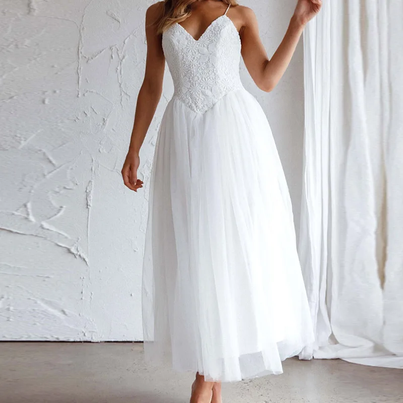 

Элегантное кружевное платье с вышивкой, женское Модное Длинное платье без рукавов с V-образным вырезом, женское повседневное свободное пляж...