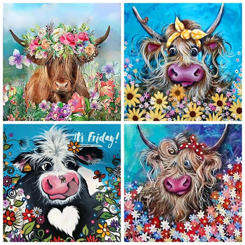 Huacan Diamond Painting New Cow Flower Home Decor Full Square/round Mosaic Embroidery Animal Cartoon Wall Sticker