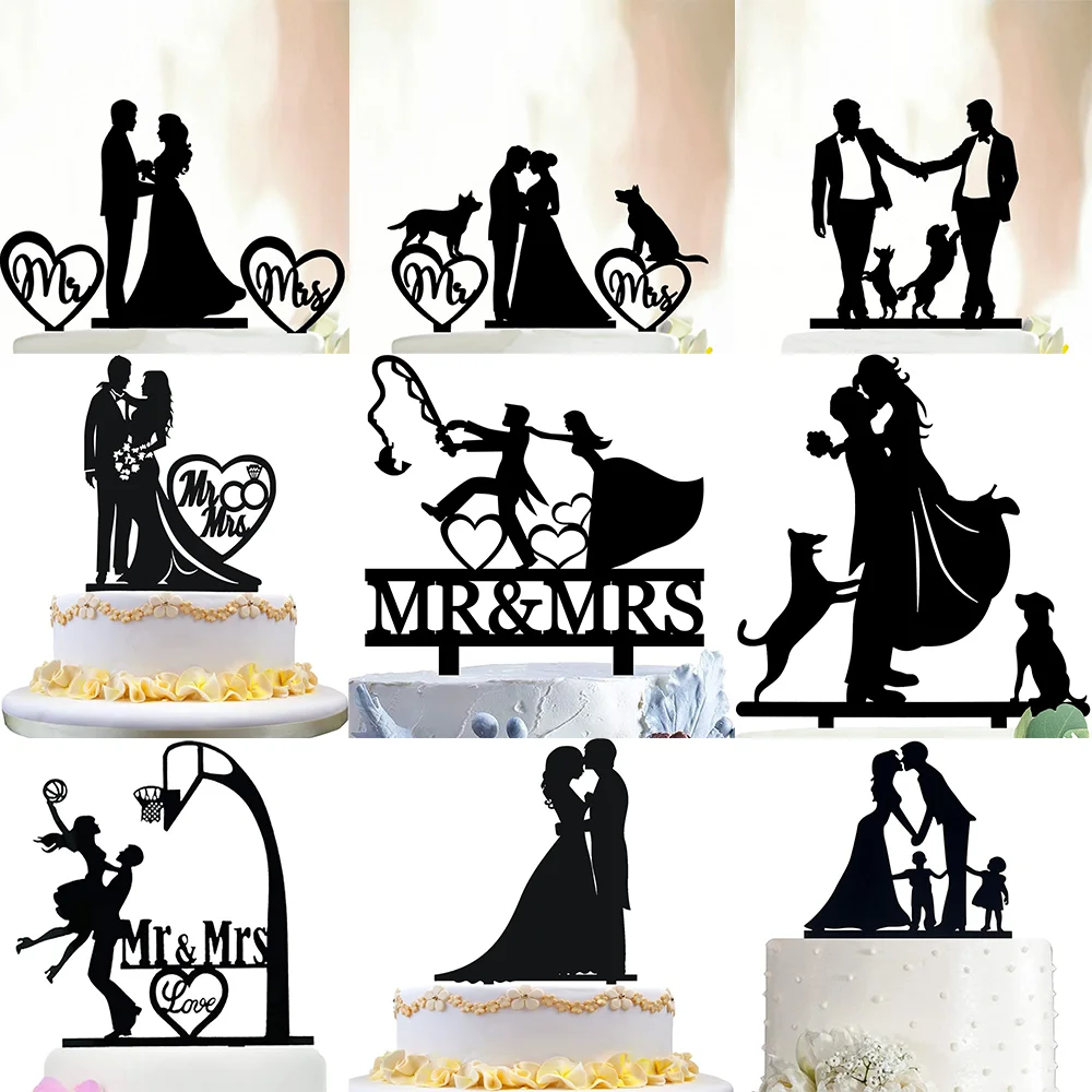 

Wedding Couple Cake Topper with Pets Family Mr Mrs Bride Groom Shower Acrylic Wood Rustic Anniversary Birthday Cake Supplies