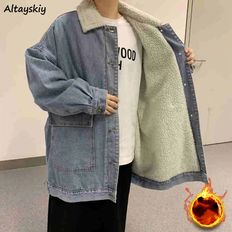 

Winter Denim Jackets Lambswool Hot Sale BF Single Breasted Thicken Outwear Warm Couples Retro Multi-pockets Streetwear Jacket