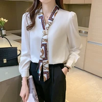 women blouses shirts 2022 spring autumn long sleeves chiffon top tie professional elegant female shirt v neck white blouse