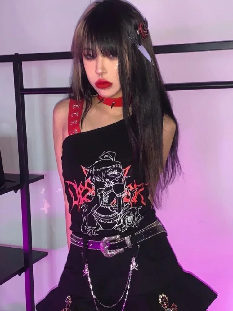 

QWEEK Y2k готика, Харадзюку футболки женские винтажные готические Аниме футболки с принтом Egirl черные топы без рукавов 2023 модные летние Kpop