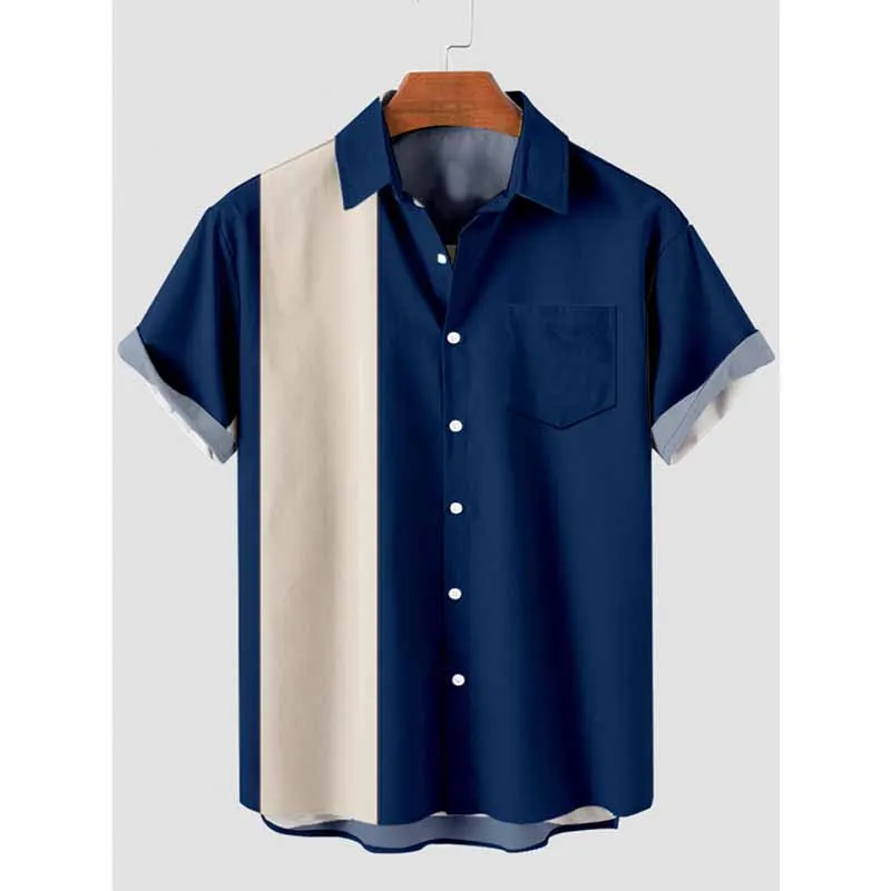 

1960s Single White Stripe And Blue Stitching Men‘s Holiday Breathable Short Sleeve Tee Shirt Men Oversized Blouse Tops