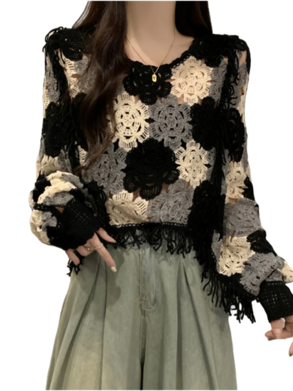 Кружевной вязаный крючком топ с кисточками в стиле пэчворк для женщин на осень и