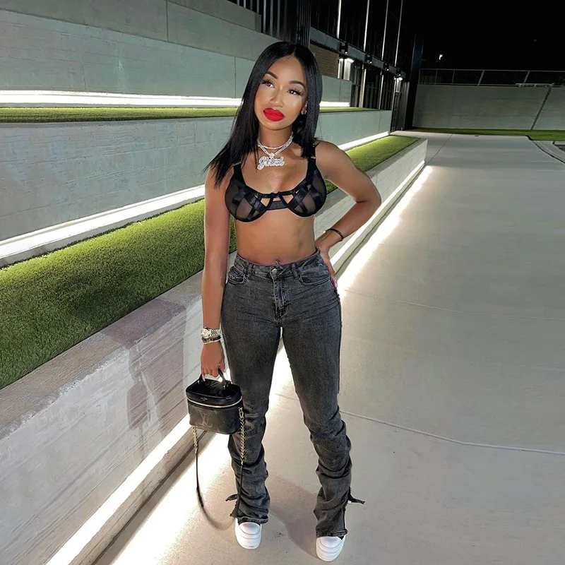 

AIGYPTOS Grey Split Denim Stacked Pants Zip Up Baddie Style Streetwear Pencil Jeans For Women High Waist Bodycon Ruched Trousers