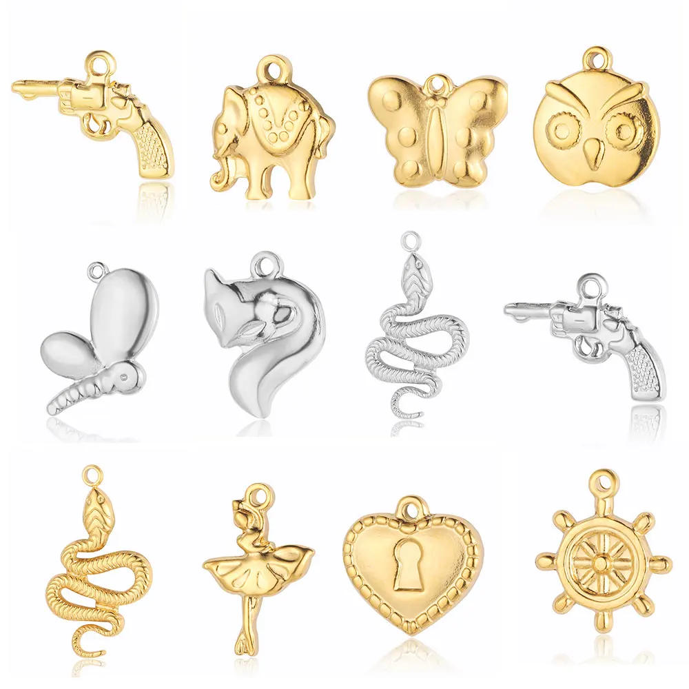 

5Pcs/Lot Butterfly Fox Compass Rudder Stainless Steel Charms Snake Pistol Heart Lock DIY Jewelry Earring Necklace Making Pendant