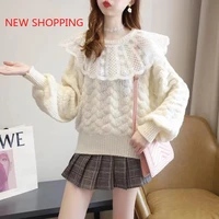 sweet hollow kawaii women sweaters korean vintage ruffle casual jumper female white elegant pullover fashion knitwear crop tops