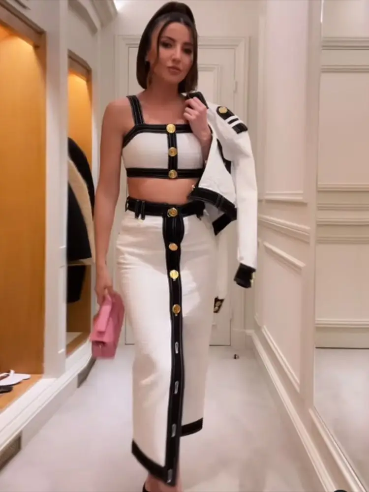 

2022 Sexy Ladies Patchwork Bandage 2 Piece Set Buttons Spaghetti Strap Crop Top High Waist Skirt Bodycon Celebrity Party Outfit