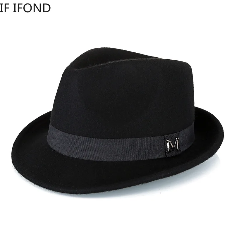 Men Winter Thick Warm Felt Fedora Hats Wool Gentleman Jazz Cap Homburg Male Classical Narrow Brim Top Hat