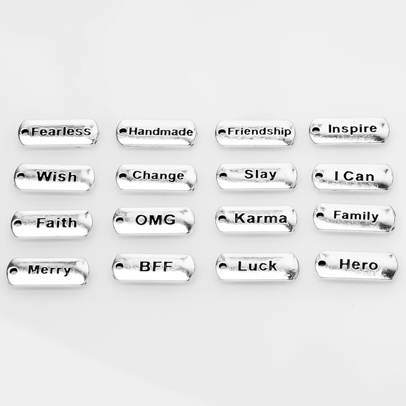 

16Pcs Mix Silver Color Letter Luck Faith Merry OMG Hero Wish Slay Brand Charms Alloy Pendant For Jewelry Making DIY Accessories