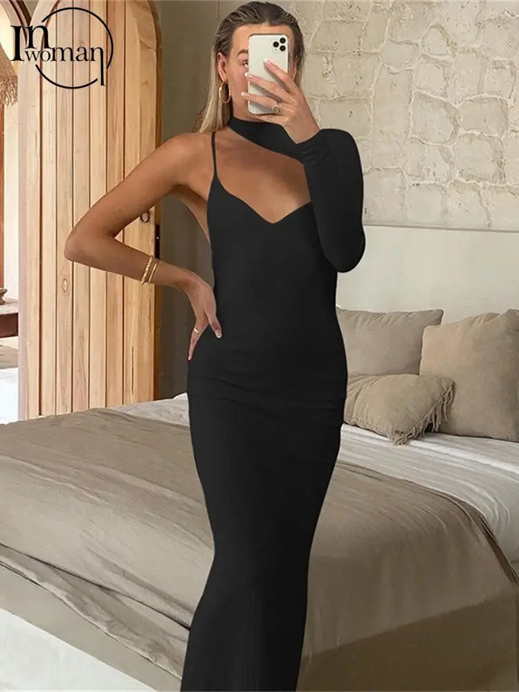 

Летние сексуальные платья-миди Inwoman для женщин 2022, асимметричное облегающее вечерние на одно плечо, вечернее черное, коричневое женское пла...