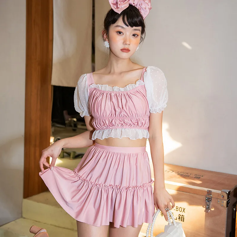 

2023New Small Breast Conservative High-quality Pure Want To Bubble Hot Spring Suit Split Swimsuit Woman Meat Black Short-sleeved