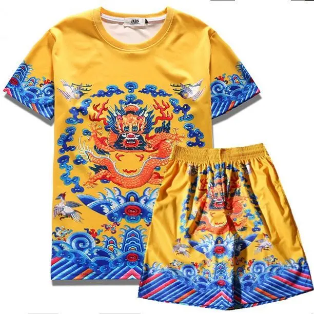 

Dragon robe suit retro men's short sleeve T-shirt large size beach pants set of clothes
