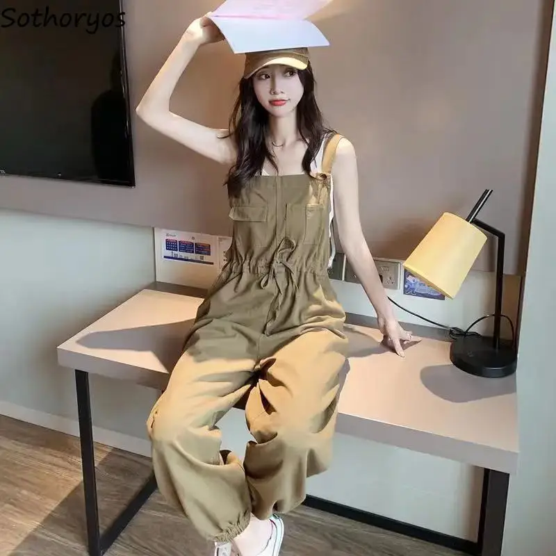 

Cargo Jumpsuits Women Pure Daily Trendy Personality Simple Bandage Retro Korean Style Summer Leisure All-match Colleges Loose