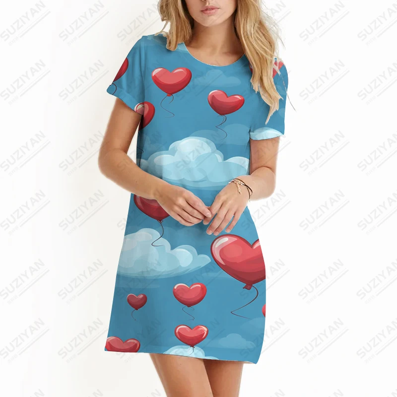 

Basic Ladies Summer Dress Casual Street Dress Heart 3D Printing Dress Fashion Versatile Dress Birthday Party Dress