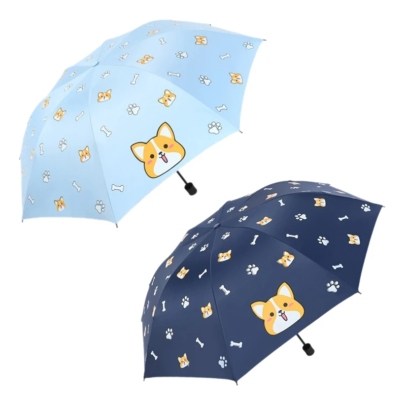 

2PCS Fashion Cartoon Lovely Dog Corgi Umbrella for Women UV Rainproof Umbrella Parasol Rain Umbrellas, Navy Blue & Blue