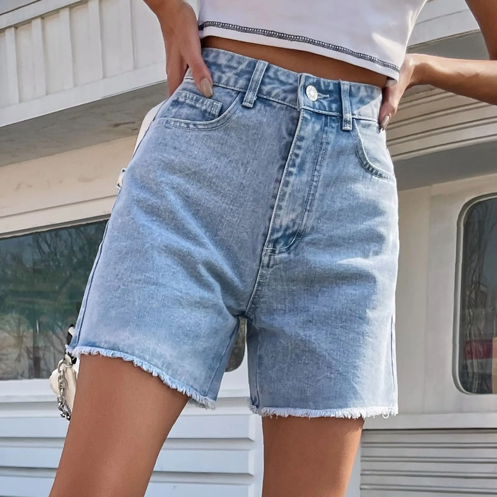 Casual Women'S Denim Shorts Ripped Loose Solid Color Women'S Shorts Slim High Waist Loose Slimming Vacation Holiday Trousers