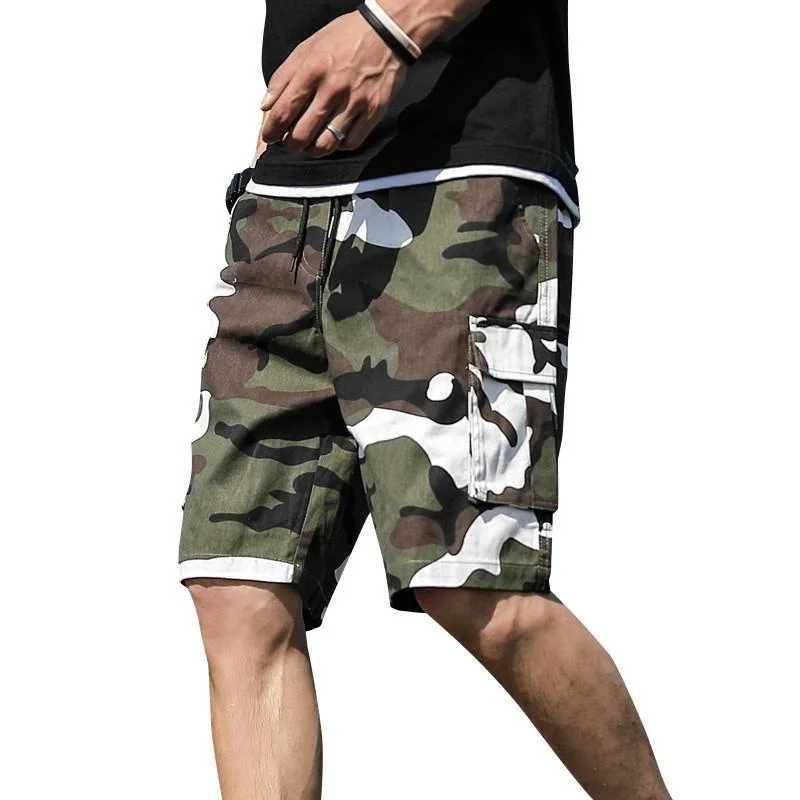 Men's Shorts Summer Outdoor Camouflage Cargo Pocket Cotton Casual Half Pants Mid Waist Drawstring Loose Bib Overalls 7XL