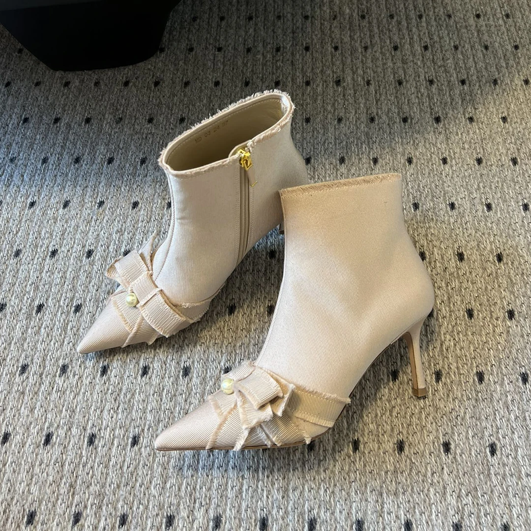 NIGO/женские шикарные ботинки на высоком каблуке с бантом и жемчугом однотонные