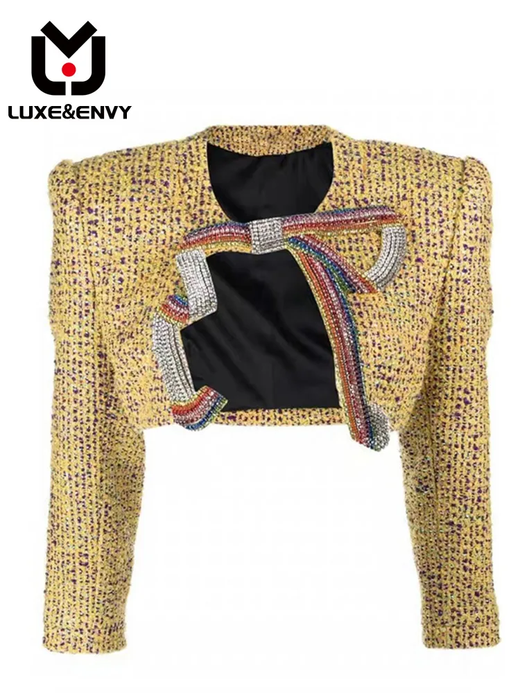 

LUXE&ENVY Rainbow berg crystal Bow Jacket Waist Short Coat Women Spring Retro Tweed Knitting Special Street Top Blazer 2023