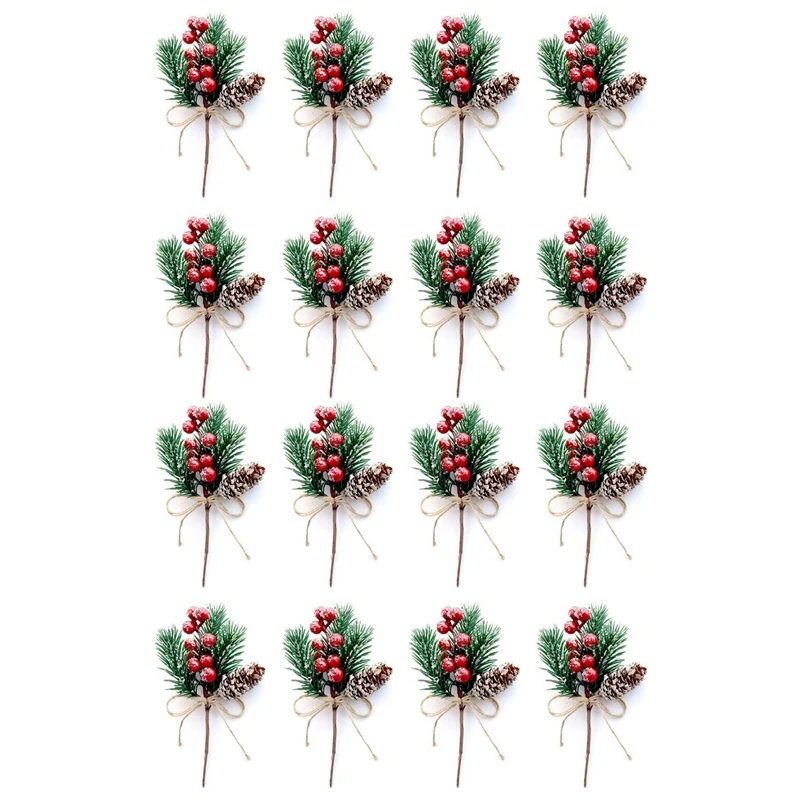 

Hot Red Berry Stems Pine Branches Evergreen Christmas Berries Decor 16 PCS Artificial Pine Cones Branch Craft Wreath Pick