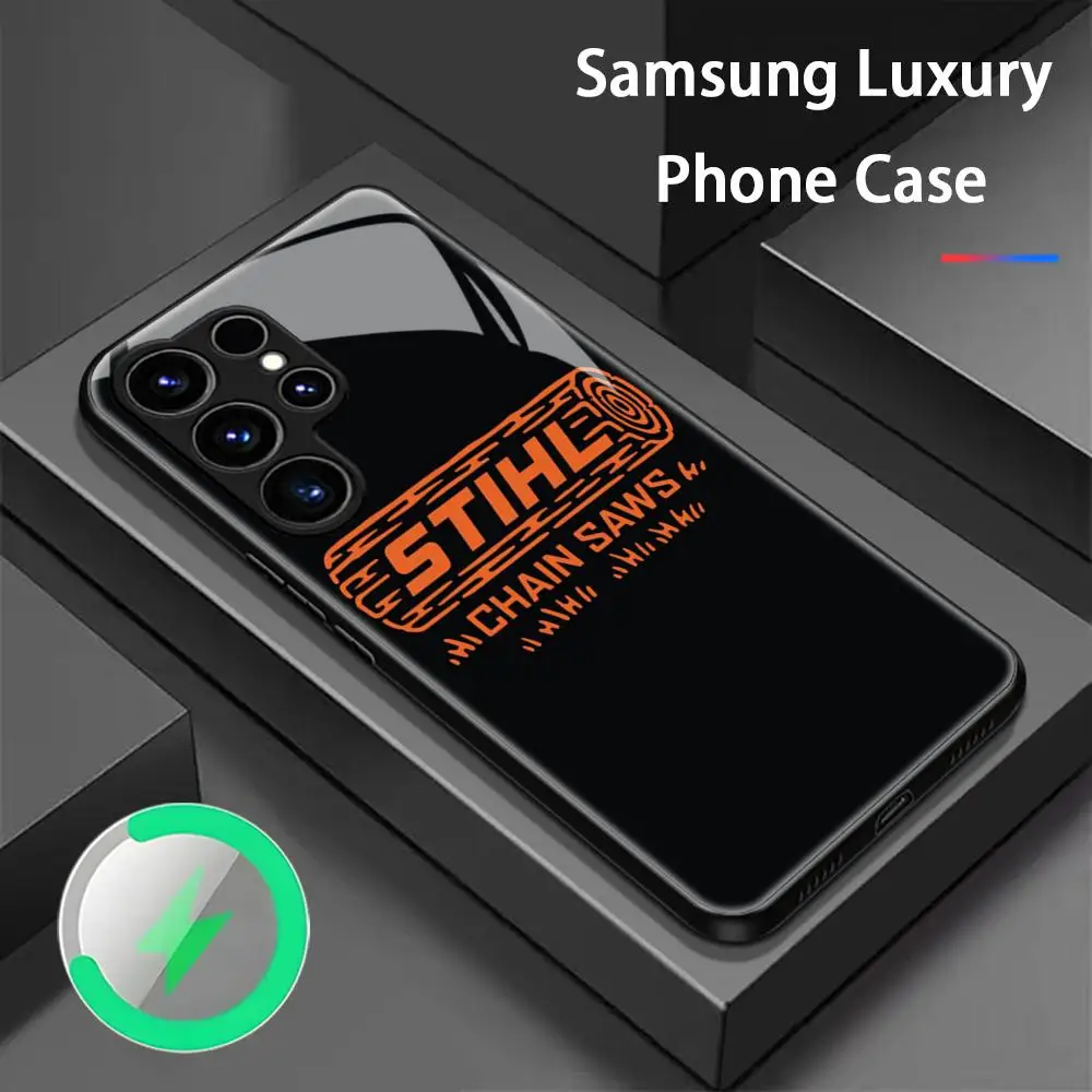 Фото Брендовый чехол для телефона S-STIHL LOGO Cool Tool для Samsung S25 S24 S23 S22 S21 S20 Plus Ultra Note20, стеклянный магнитный чехол №2