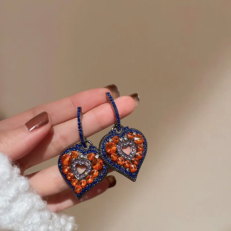 

Silver Needle Diamond Inlaid Color Earrings Fashion Retro National Style Hollowed Out Earrings Personality Temperament Earrings