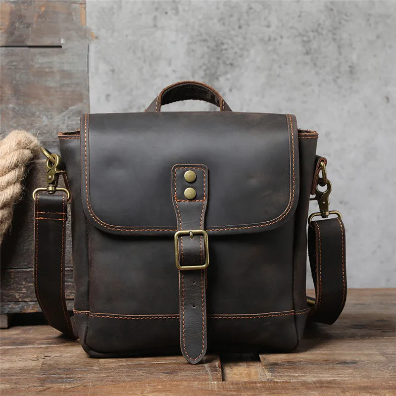 Vintage high-quality natural crazy horse cowhide men's shoulder bag outdoor casual daily work genuine leather messenger bag