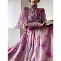 french retro womens midi dress oil painting party dress designer womens clothing slim fit high quality grace purple long skirt