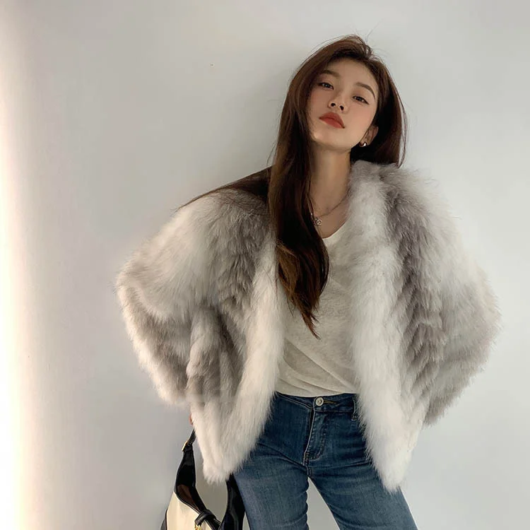 White Tea Ink New Style Fox Fur Grass Coat Femininity Celebrity Cross Fox Strip Medium Length Fur Coat