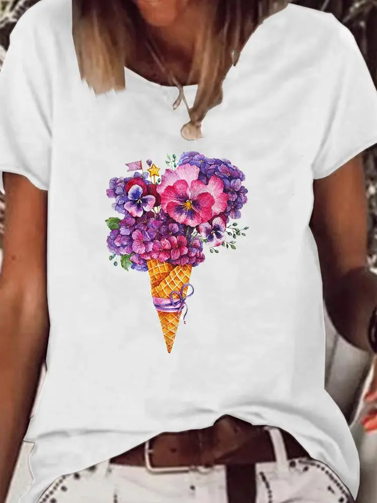 

Print T Shirt Flower Lovely Cute 90s Short Sleeve Clothes Summer Fashion Women Clothing Graphic T-shirt Kawaii Basic Tee Top