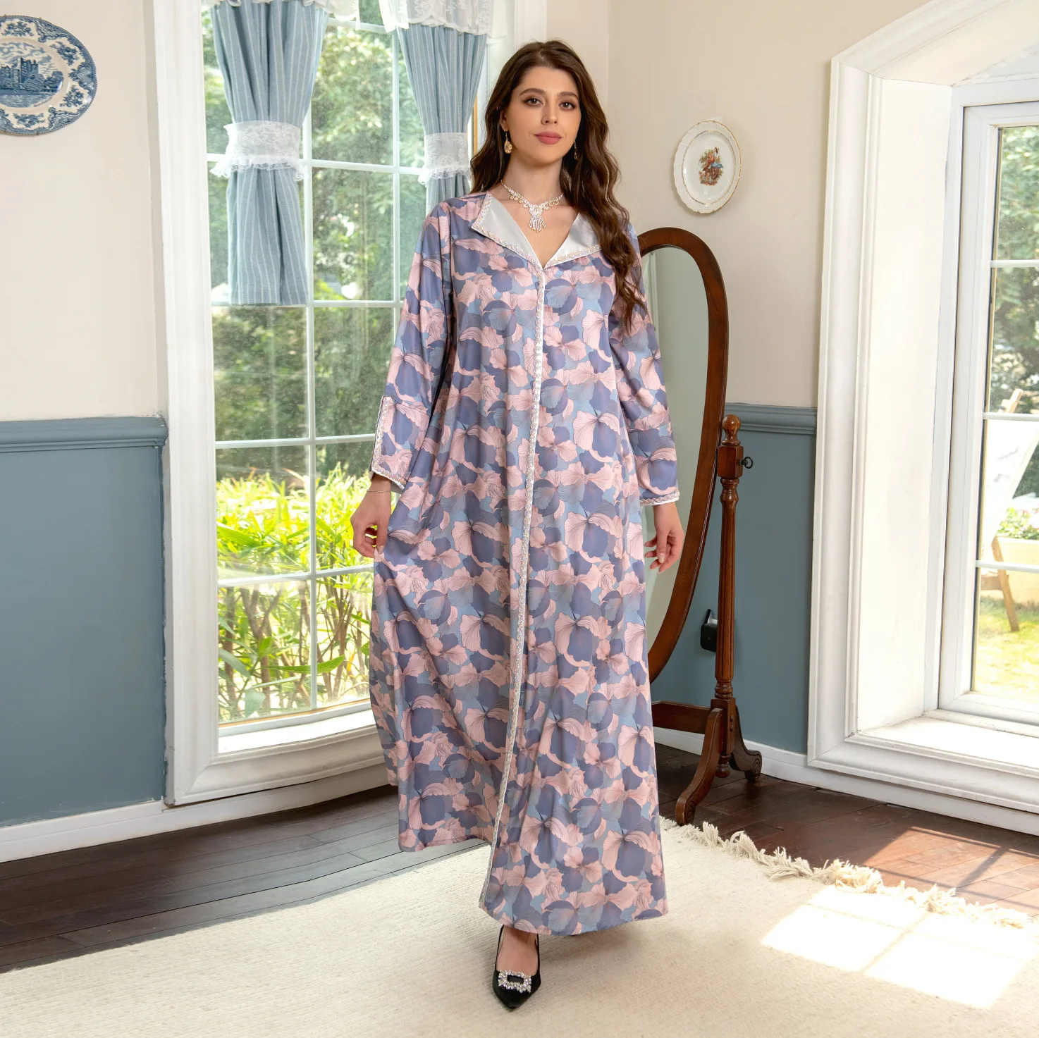 Abaya Dubai Muslim Dress Women Floral Print Islam Moroccan Caftan Lined Arab Jalabiya Middle East Robe