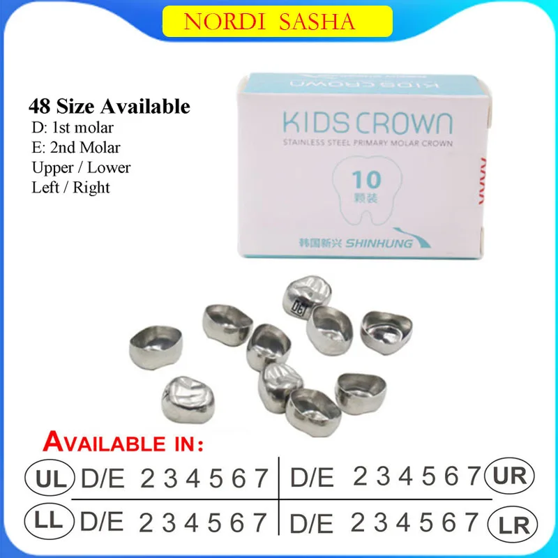 

10Pcs/Box Stainless Steel Dental Kids Primary Molar Crowns Refill Pediatric Anteriors Posterior Crown Lower Left/Right D2-D7/E2