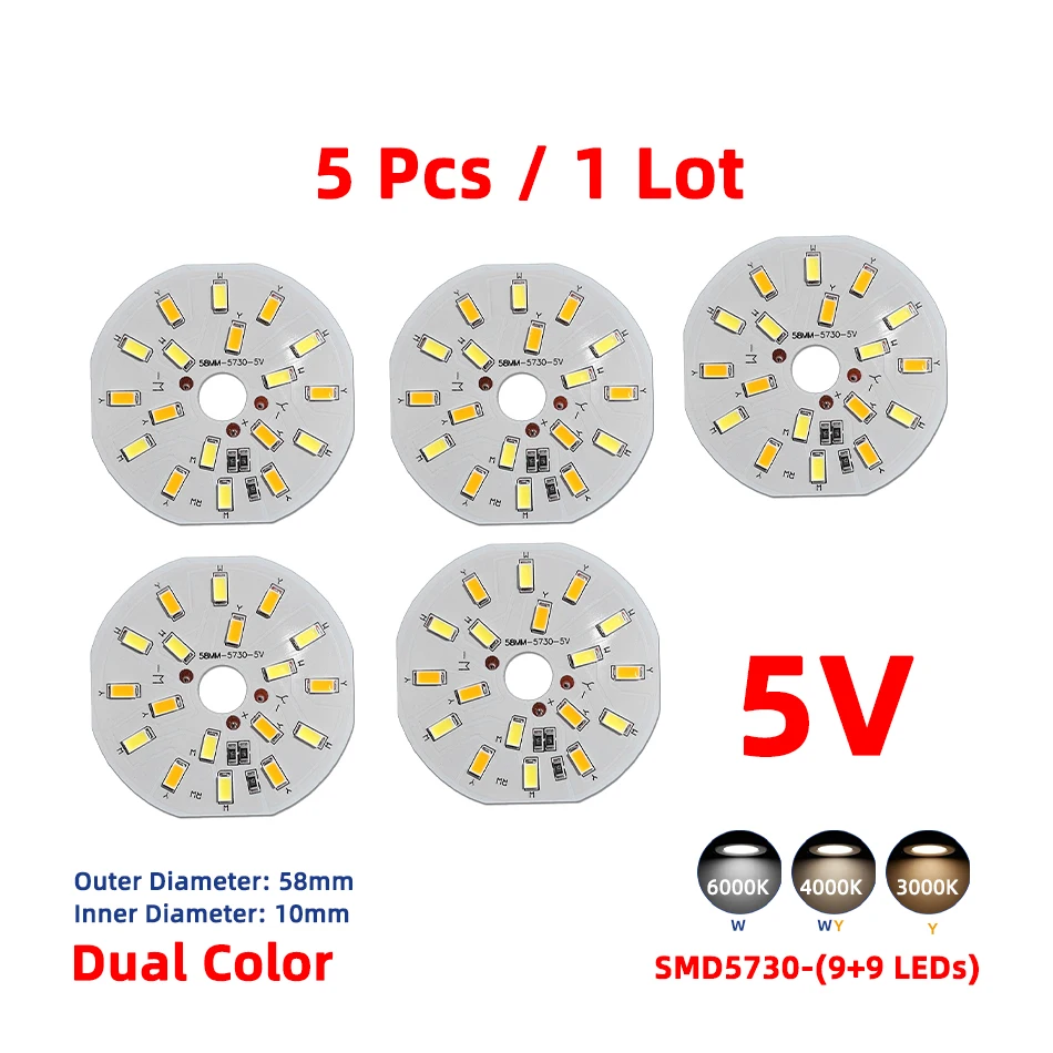 

5 шт., круглые светодиодные лампы Ankatec SMD5730-CCT 6 Вт 58 мм