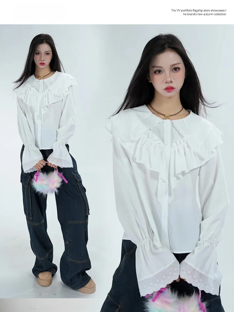 Белые рубашки с оборками Design Sense женские осенние новые свободные нежные милые