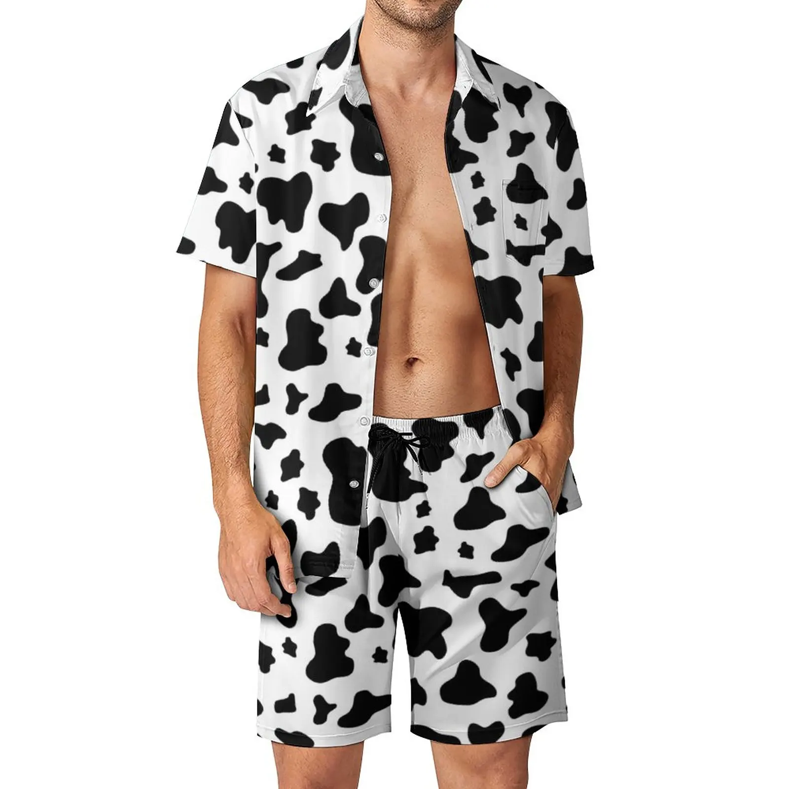 

Funny Farm Men Sets Black White Cow Print Casual Shorts Summer Trendy Beachwear Shirt Set Short-Sleeved Big Size Suit Gift Idea