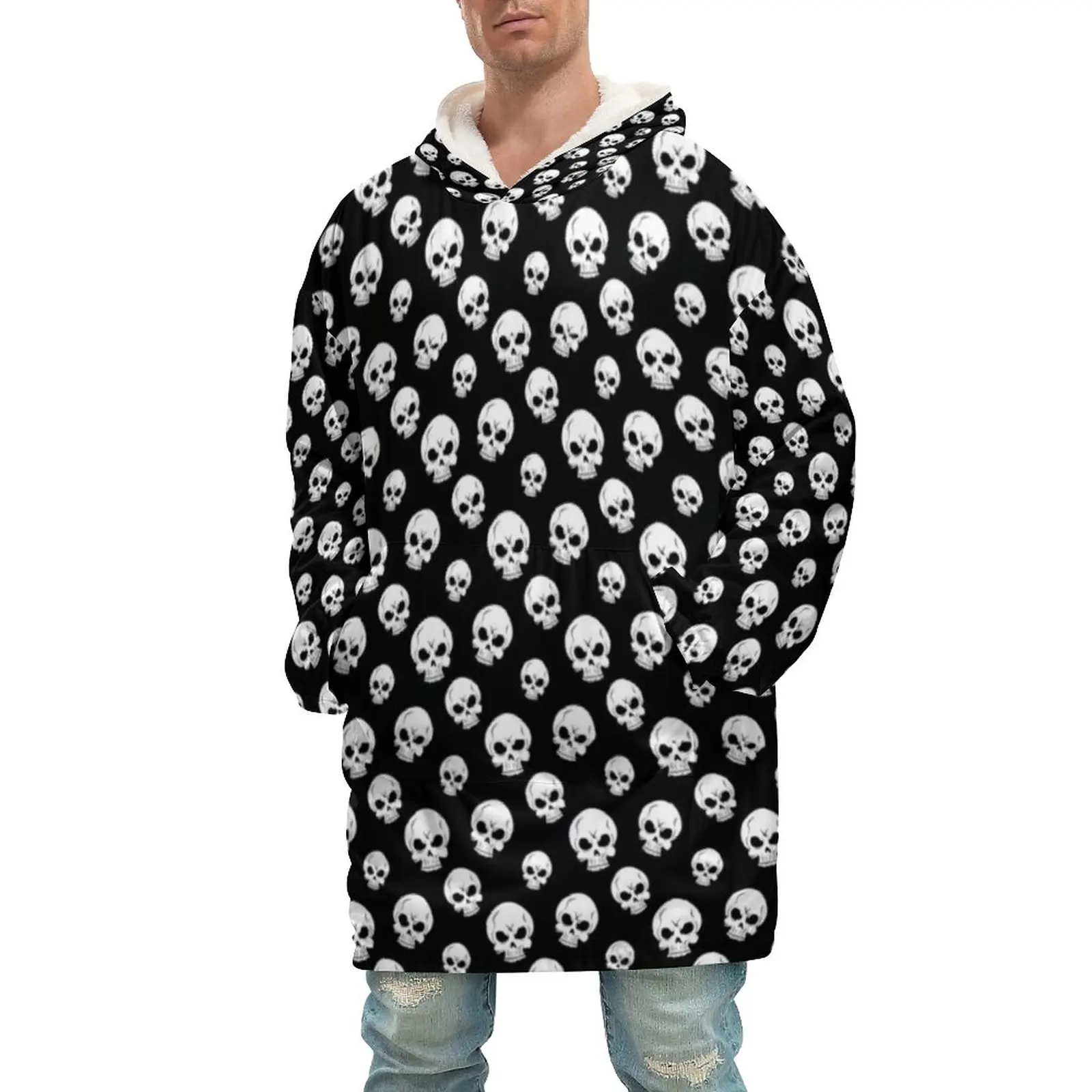 

Черно-белая искусственная живопись Holloween мужское плюшевое теплое одеяло с капюшоном одеяло рубашка с карманом