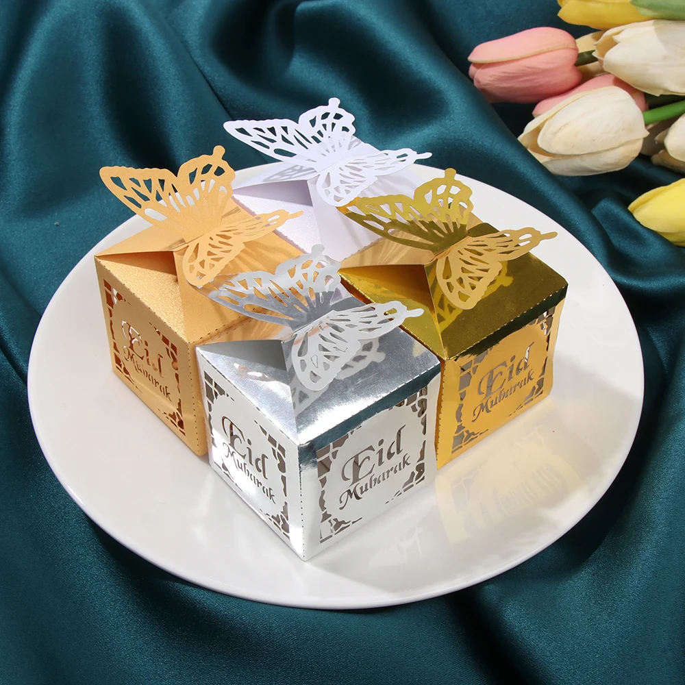 

5/10PCS Eid Mubarak Candy Box Hollow Chocolate Box Islamic Ramadan Kareem Muslim Silver Gold White Party Supplies Gifts