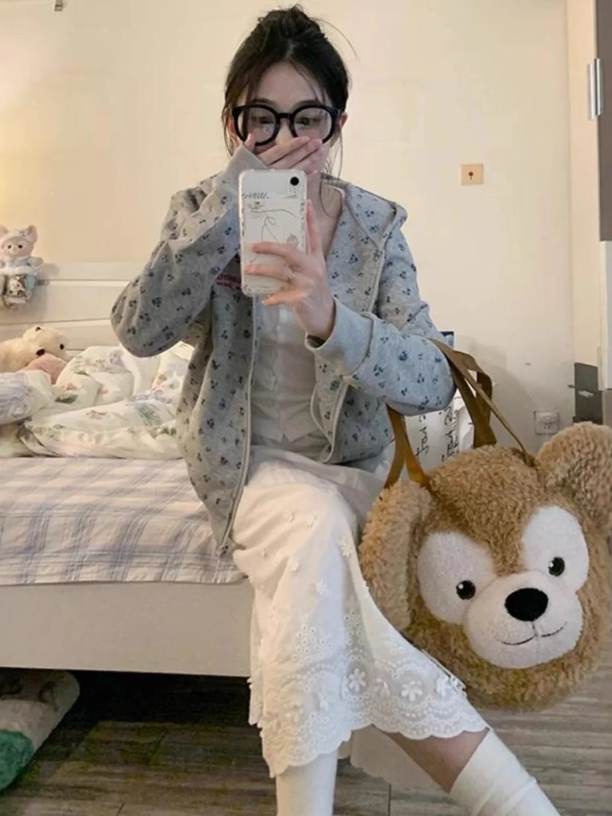  Floral Shoulder Fleece-lined Thick Short Outerwear Trendy Autumn and Winter New Design Sense Chic Hoodie