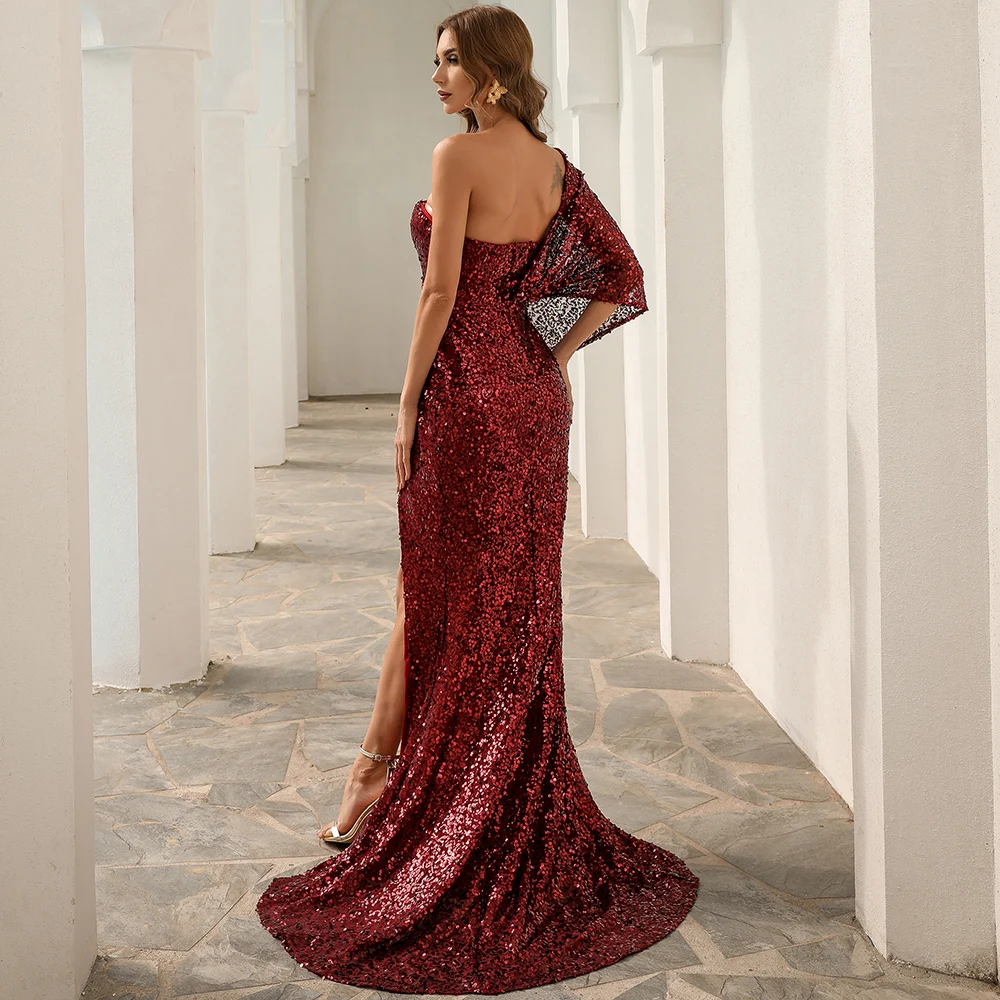 One-Shoulder Sequined Evening Dress Sexy Split Long Dresses Strapless Sweep Train Dress Tube Party Dress