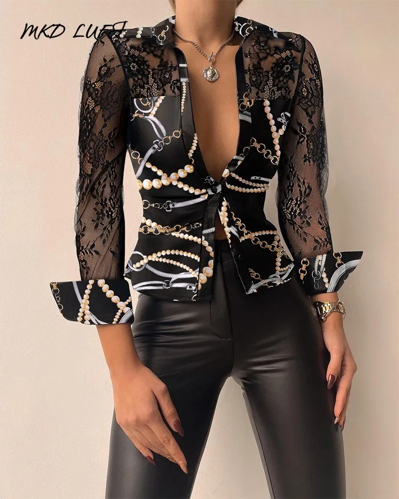 

MKDLUFI Chain Print Contrast Lace Button Down Satin Shirt Tops Women